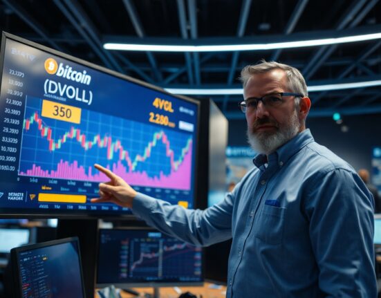 Financial analyst pointing at Bitcoin volatility chart showing low DVOL index