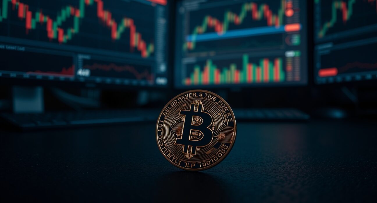 Bitcoin coin on a dark trading desk with monitors showing volatility charts in the background