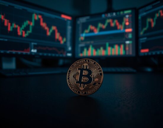 Bitcoin coin on a dark trading desk with monitors showing volatility charts in the background