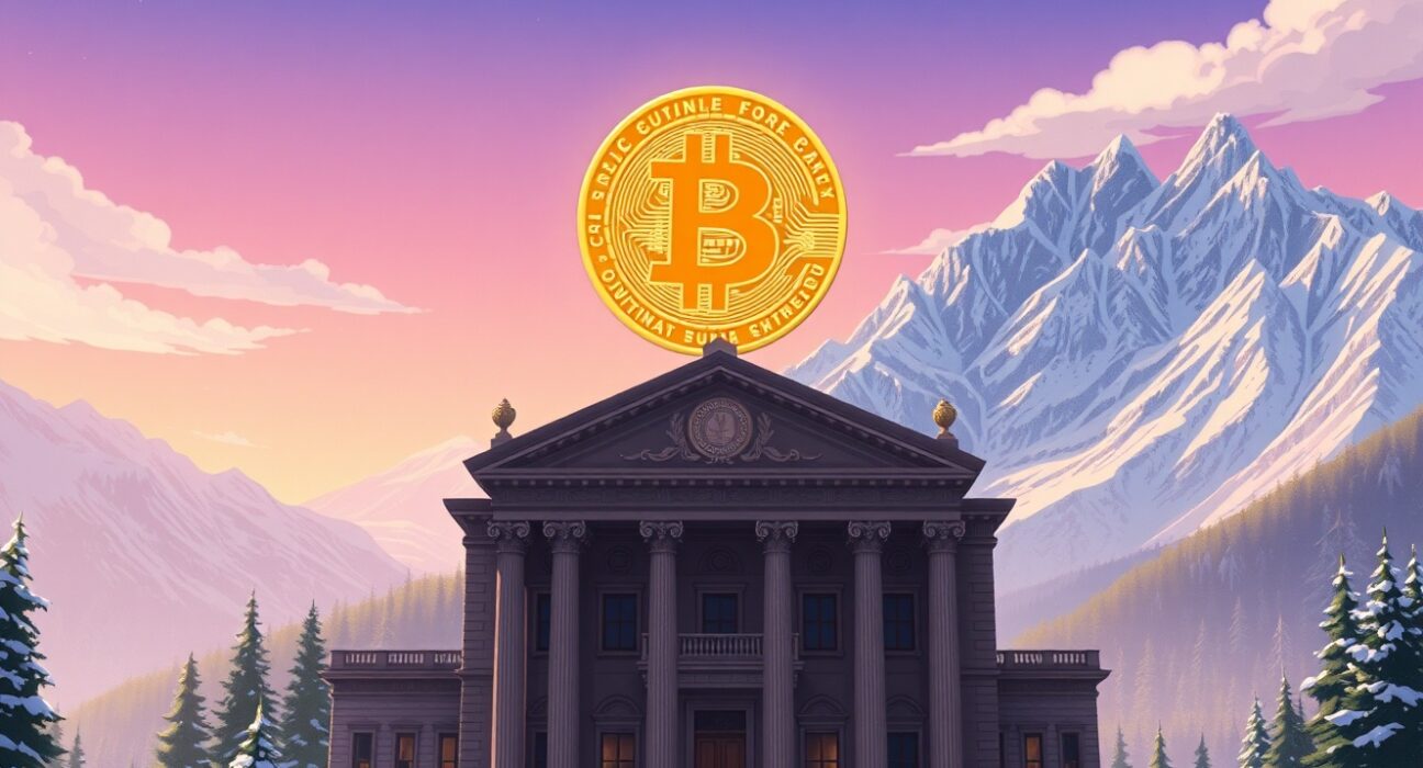 Conceptual art representing Bitcoin's independence versus traditional central banking systems.