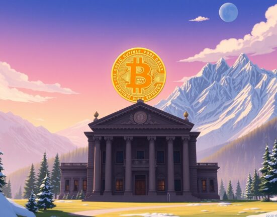 Conceptual art representing Bitcoin's independence versus traditional central banking systems.