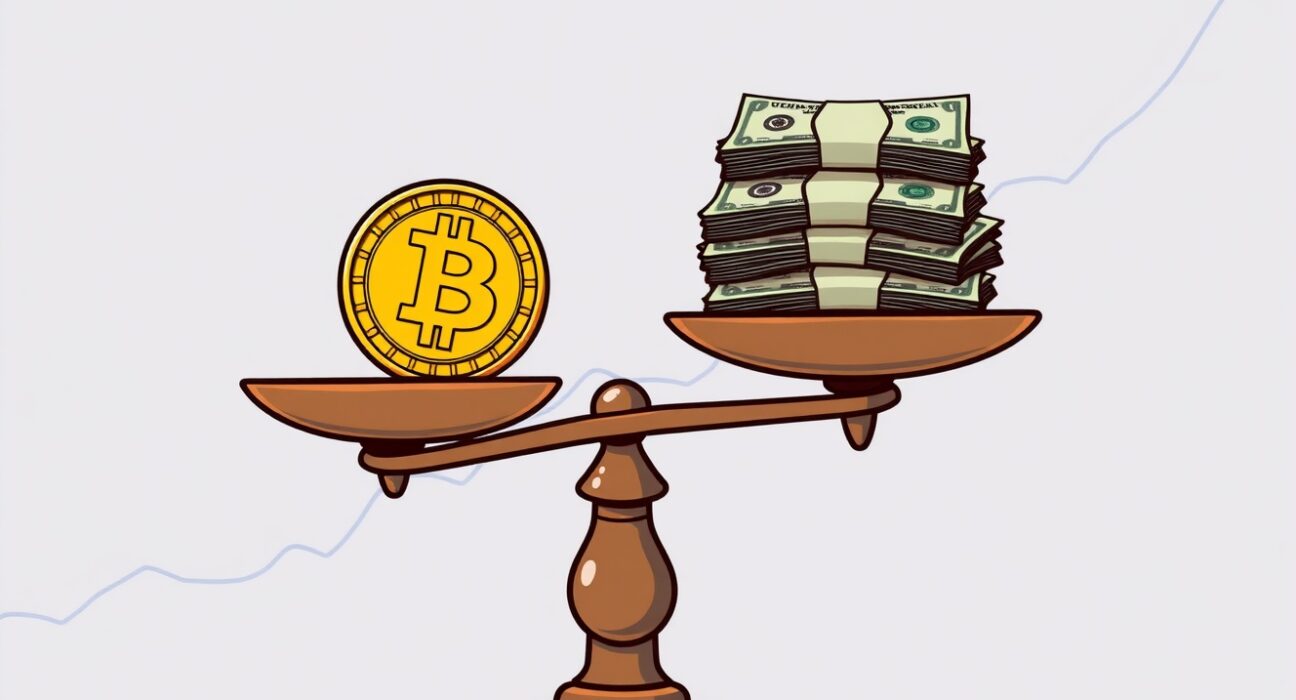 Cartoon illustration comparing the inflation-adjusted BTC price to nominal value on a balance scale.