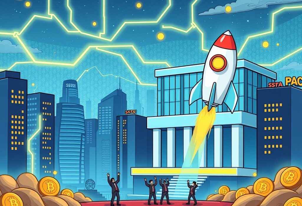 A rocket representing a Bitcoin Infrastructure SPAC launches towards a Nasdaq-like building, symbolizing an ambitious IPO and investment in crypto technology.