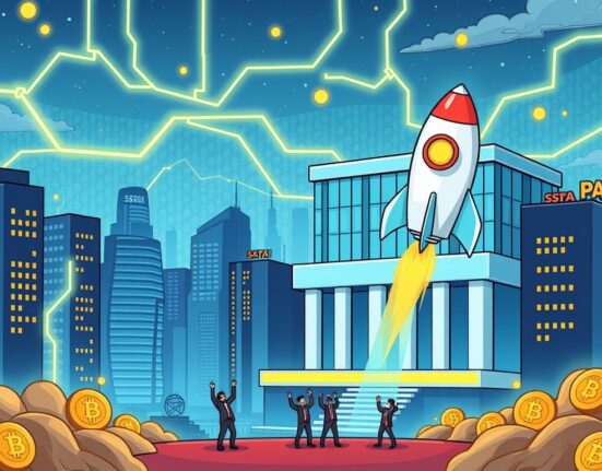 A rocket representing a Bitcoin Infrastructure SPAC launches towards a Nasdaq-like building, symbolizing an ambitious IPO and investment in crypto technology.