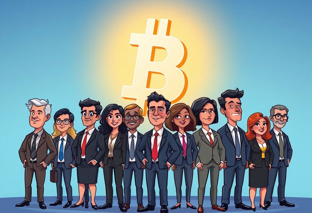 Cartoon illustration showing business professionals embracing Bitcoin institutional adoption as a significant financial asset.