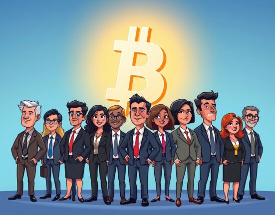 Cartoon illustration showing business professionals embracing Bitcoin institutional adoption as a significant financial asset.