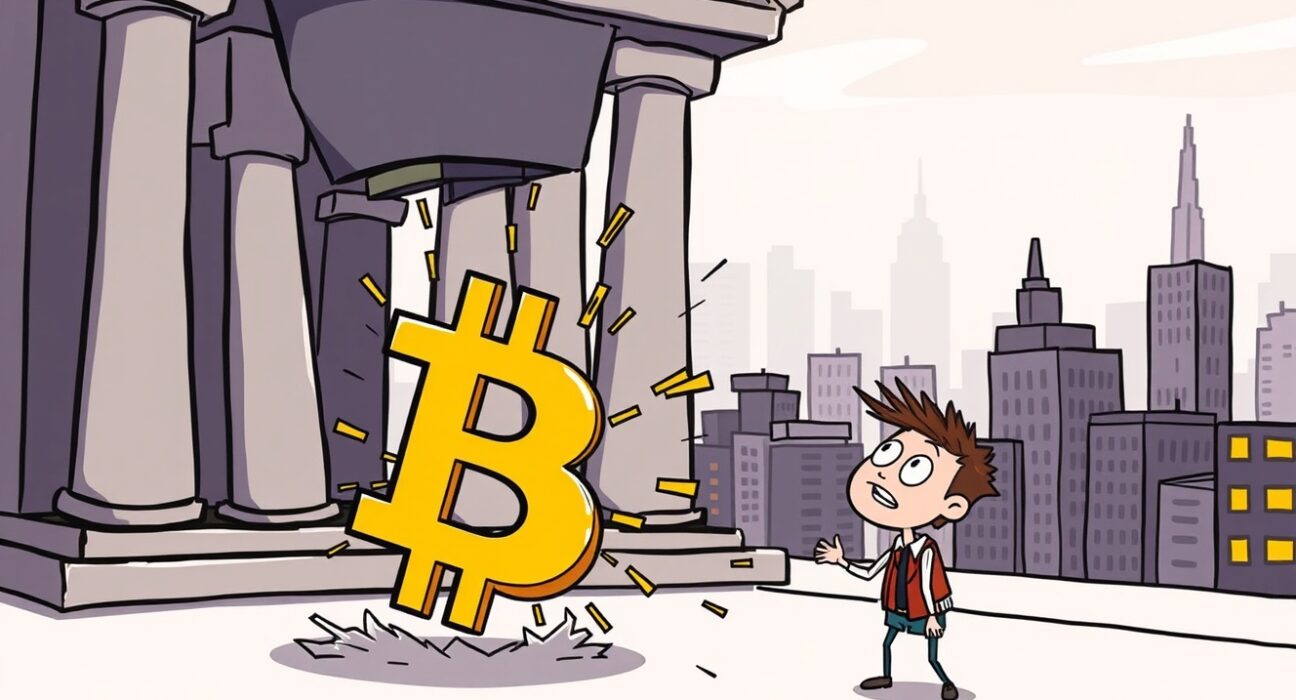 A cartoon illustrating how Bitcoin institutional adoption is predicted to lead to calmer BTC price action.