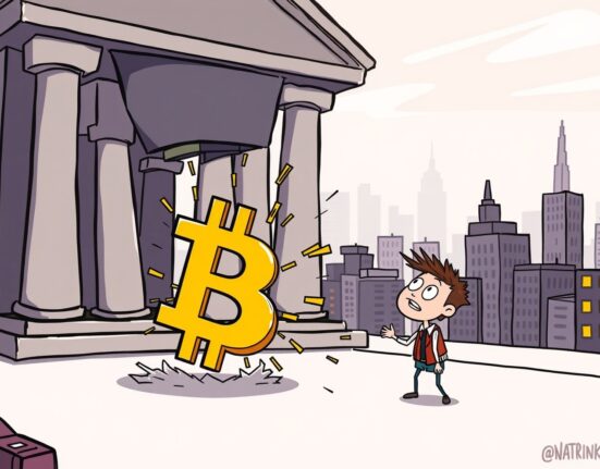 A cartoon illustrating how Bitcoin institutional adoption is predicted to lead to calmer BTC price action.