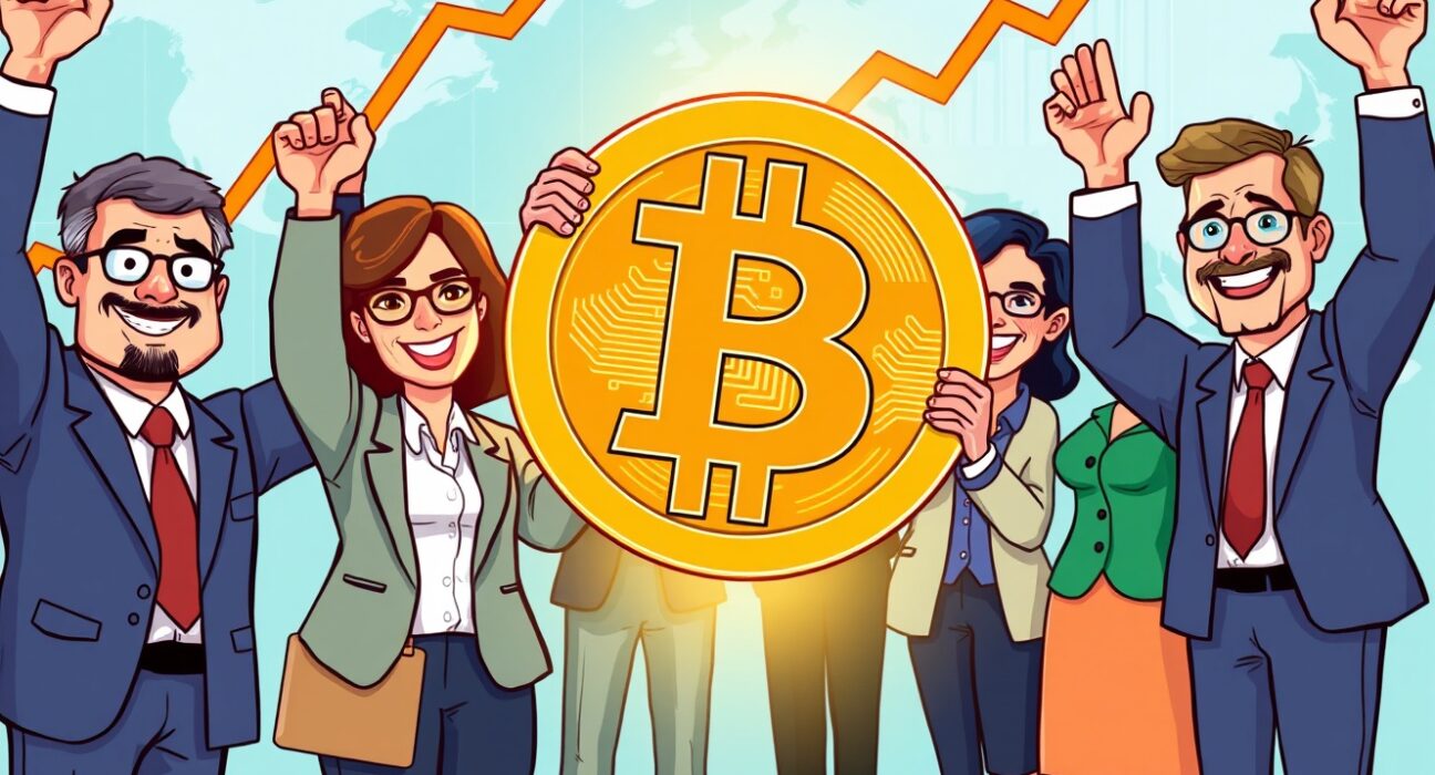 Cartoon illustrating the significant rise in Bitcoin institutional adoption by global funds and public companies, showing a large Bitcoin held by suited professionals.