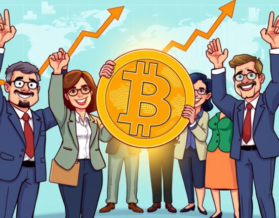 Cartoon illustrating the significant rise in Bitcoin institutional adoption by global funds and public companies, showing a large Bitcoin held by suited professionals.