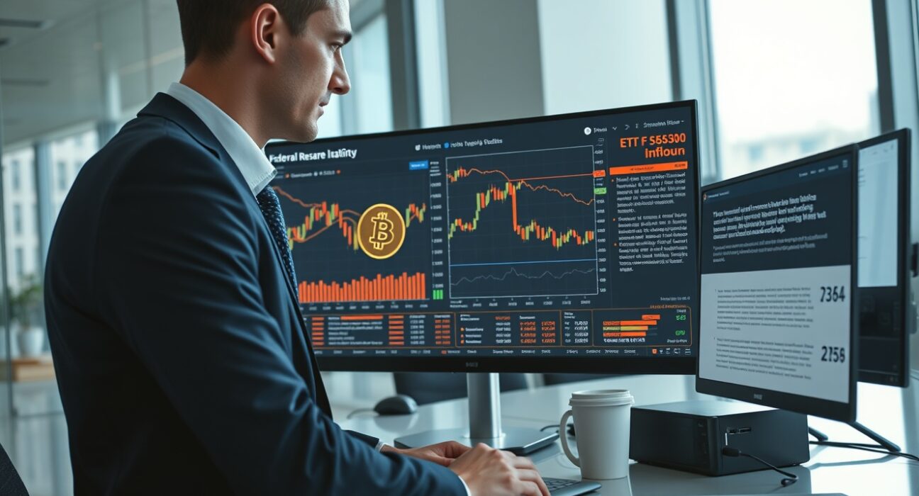 Financial analyst reviewing Bitcoin ETF data and Federal Reserve policy documents on trading desk monitors