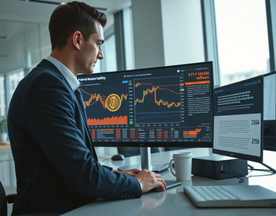 Financial analyst reviewing Bitcoin ETF data and Federal Reserve policy documents on trading desk monitors