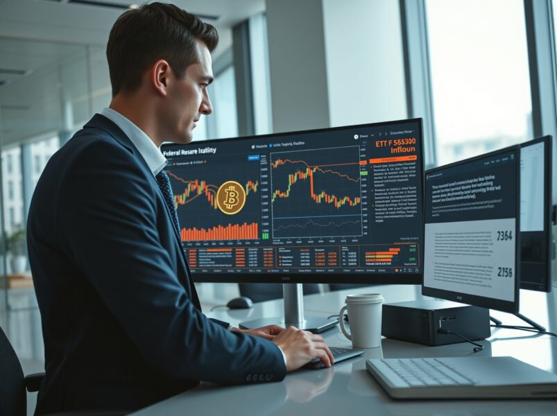 Financial analyst reviewing Bitcoin ETF data and Federal Reserve policy documents on trading desk monitors