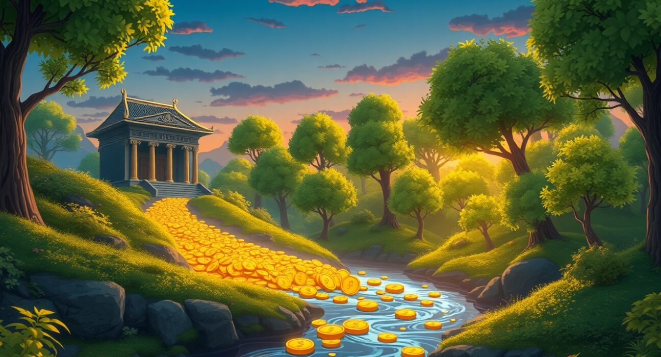 Conceptual art representing the flow of institutional capital into the Bitcoin ecosystem as a river of value.