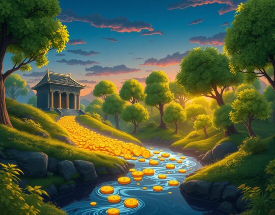 Conceptual art representing the flow of institutional capital into the Bitcoin ecosystem as a river of value.