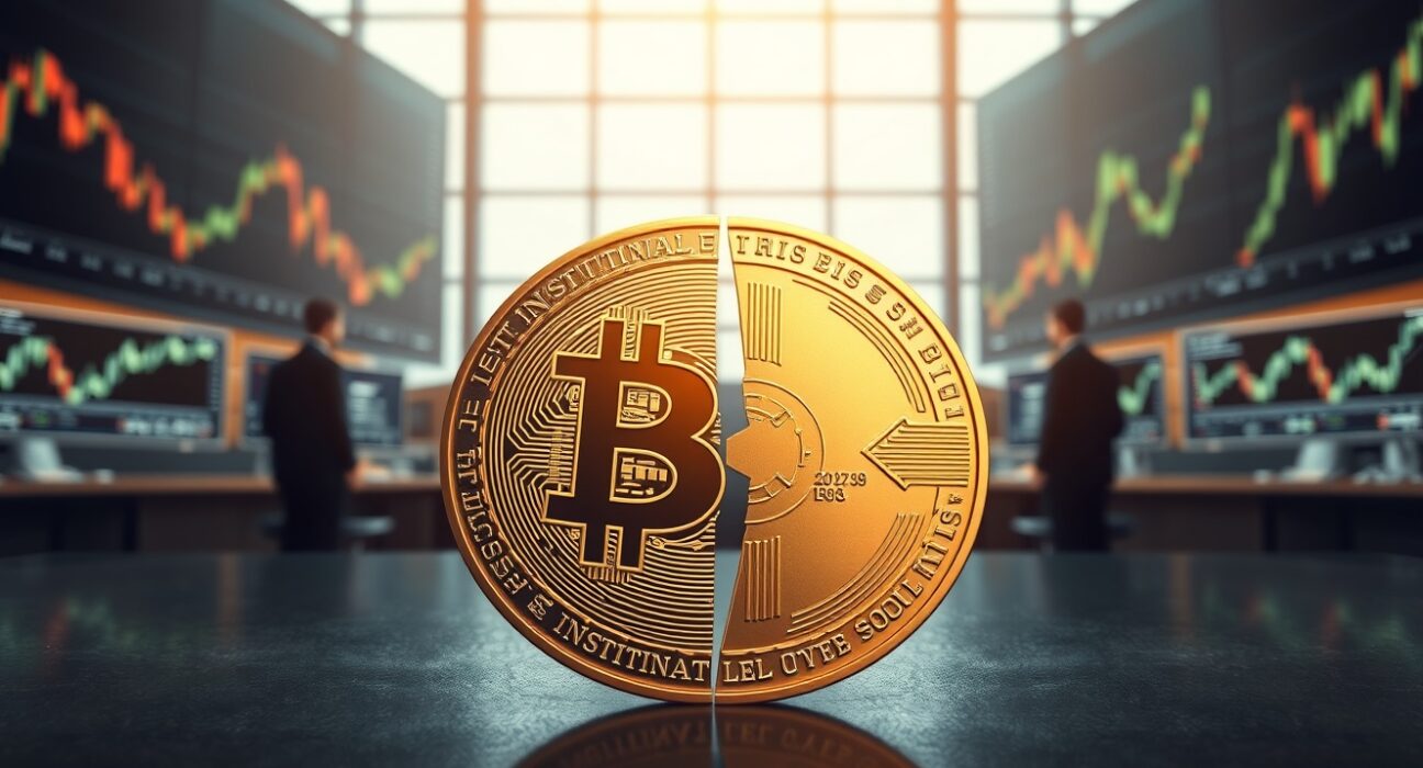 Bitcoin market dynamics showing institutional accumulation versus whale selling pressure on a trading floor.