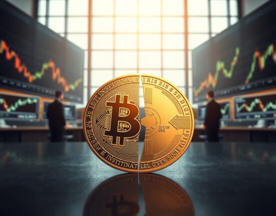Bitcoin market dynamics showing institutional accumulation versus whale selling pressure on a trading floor.