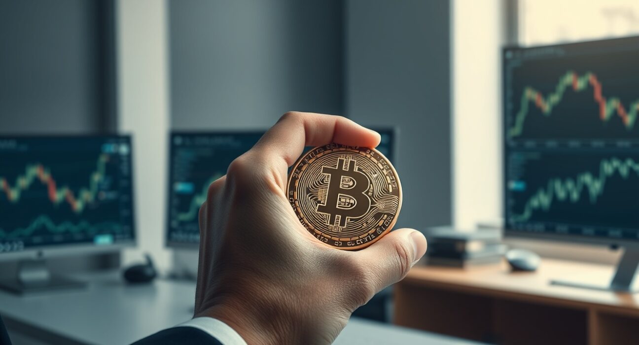 Institutional investor holding Bitcoin token, representing long-term conviction during market volatility.