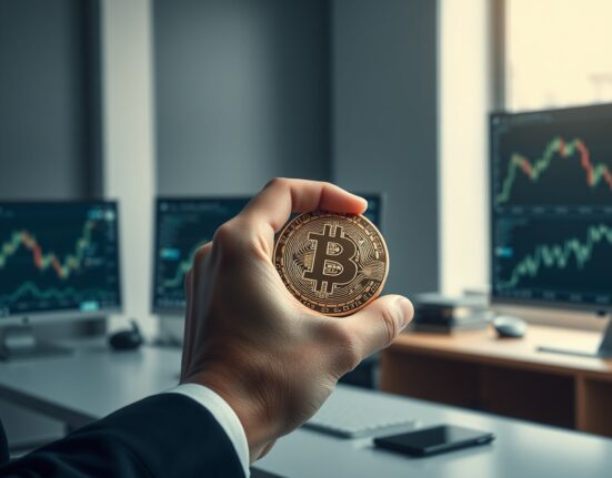 Institutional investor holding Bitcoin token, representing long-term conviction during market volatility.