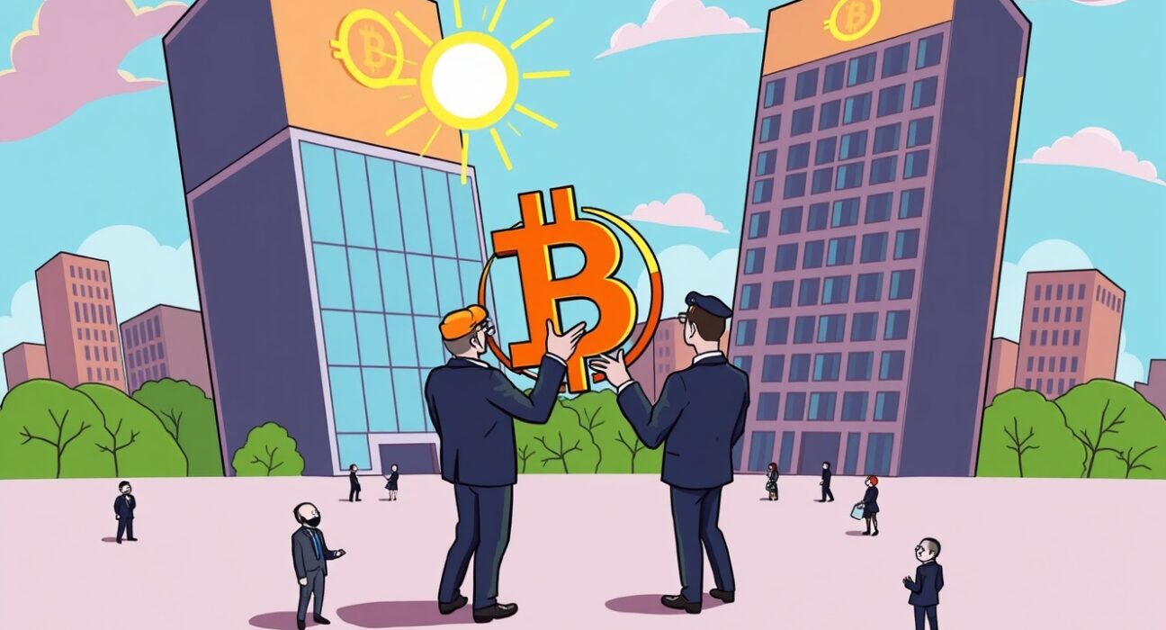 A cartoon illustration showing large institutional figures guiding Bitcoin, symbolizing the growing influence of Bitcoin institutional investors in the market.