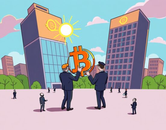 A cartoon illustration showing large institutional figures guiding Bitcoin, symbolizing the growing influence of Bitcoin institutional investors in the market.