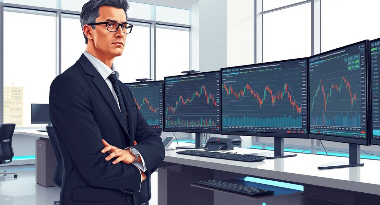 Professional institutional investor analyzing Bitcoin market data during price volatility with strategic composure.