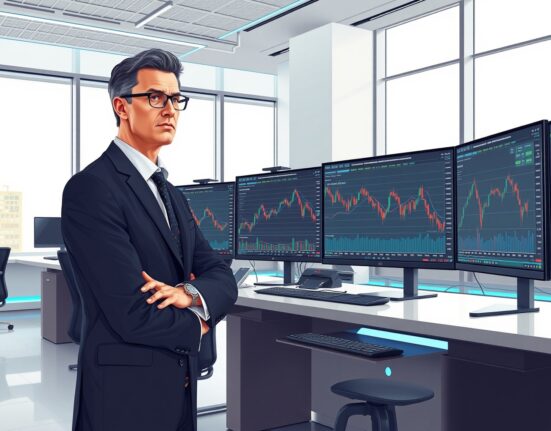 Professional institutional investor analyzing Bitcoin market data during price volatility with strategic composure.