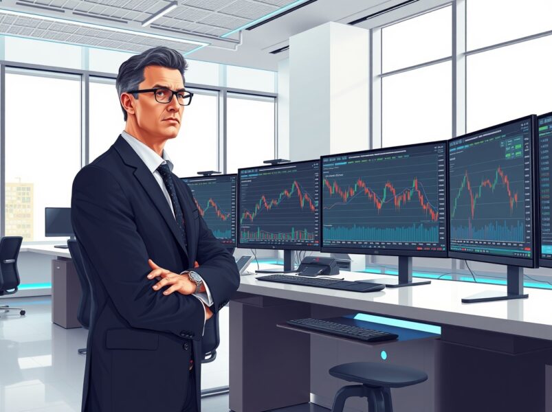 Professional institutional investor analyzing Bitcoin market data during price volatility with strategic composure.
