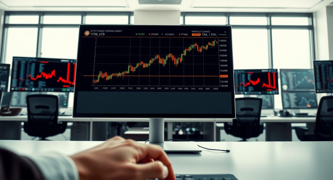 Bitcoin price stability analysis on a professional trading desk during market uncertainty.