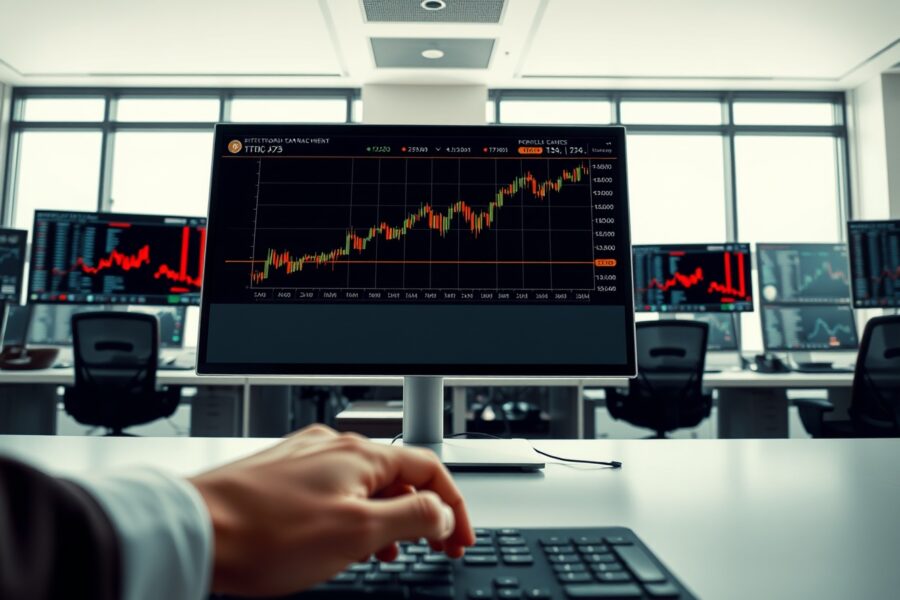 Bitcoin price stability analysis on a professional trading desk during market uncertainty.