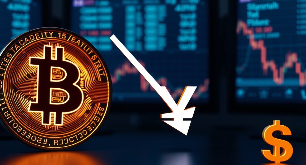 Bitcoin coin with US dollar and Japanese yen symbols showing inverse correlation arrow