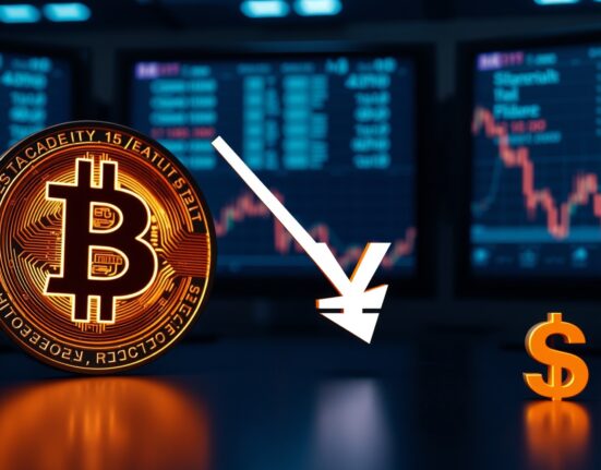 Bitcoin coin with US dollar and Japanese yen symbols showing inverse correlation arrow