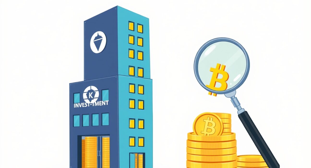 Cartoon illustration of a UK investment firm making a significant Bitcoin investment, symbolizing growth and strategic financial moves.