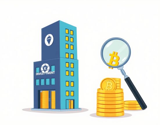 Cartoon illustration of a UK investment firm making a significant Bitcoin investment, symbolizing growth and strategic financial moves.