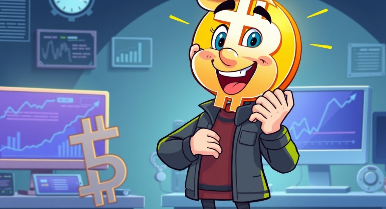 Cartoon of a gaming company representative proudly holding a Bitcoin, symbolizing their strategic Bitcoin investment and digital asset growth.