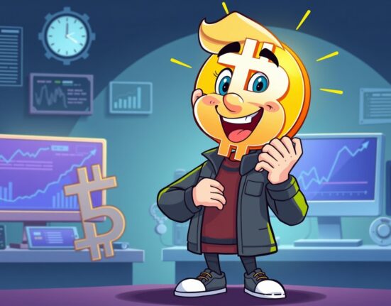 Cartoon of a gaming company representative proudly holding a Bitcoin, symbolizing their strategic Bitcoin investment and digital asset growth.
