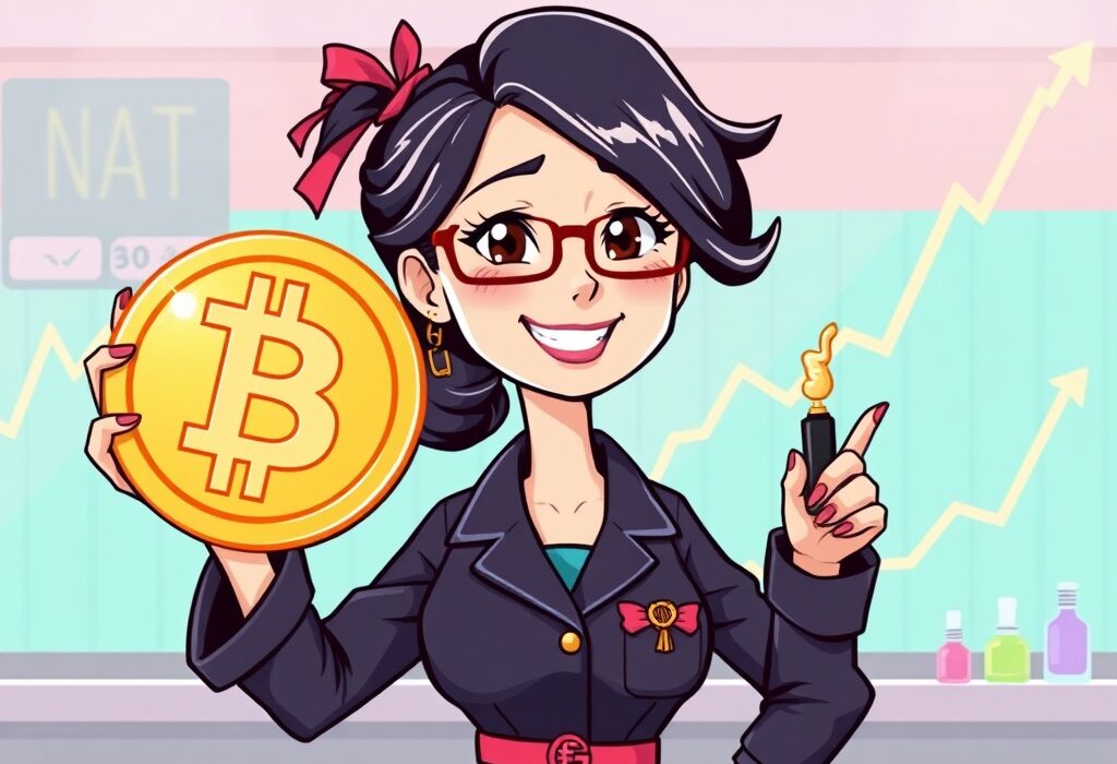 A cartoon illustration of a business owner making a significant Bitcoin investment, symbolizing Convano's strategic acquisition of BTC.