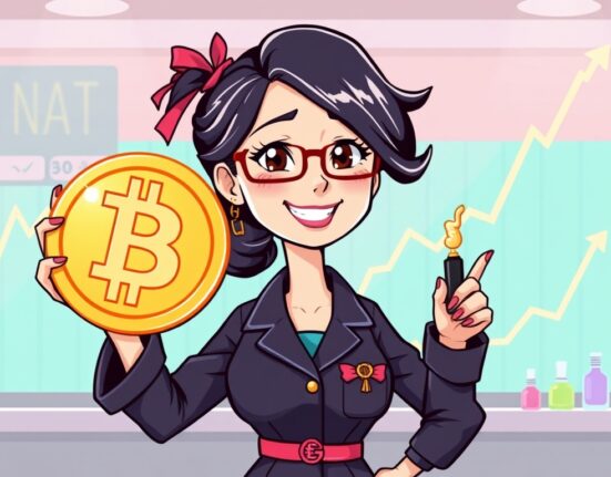 A cartoon illustration of a business owner making a significant Bitcoin investment, symbolizing Convano's strategic acquisition of BTC.