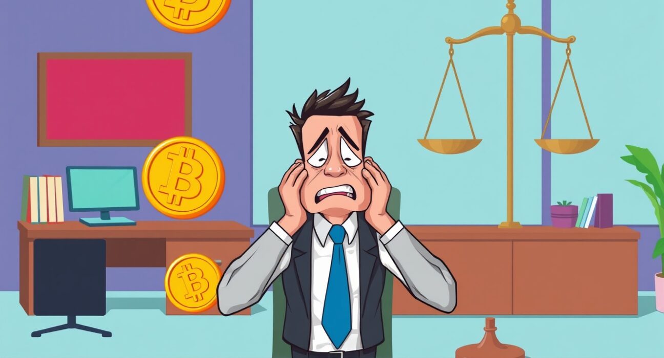 Cartoon illustration of a businessman facing consequences for illegal Bitcoin investment scheme