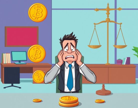 Cartoon illustration of a businessman facing consequences for illegal Bitcoin investment scheme