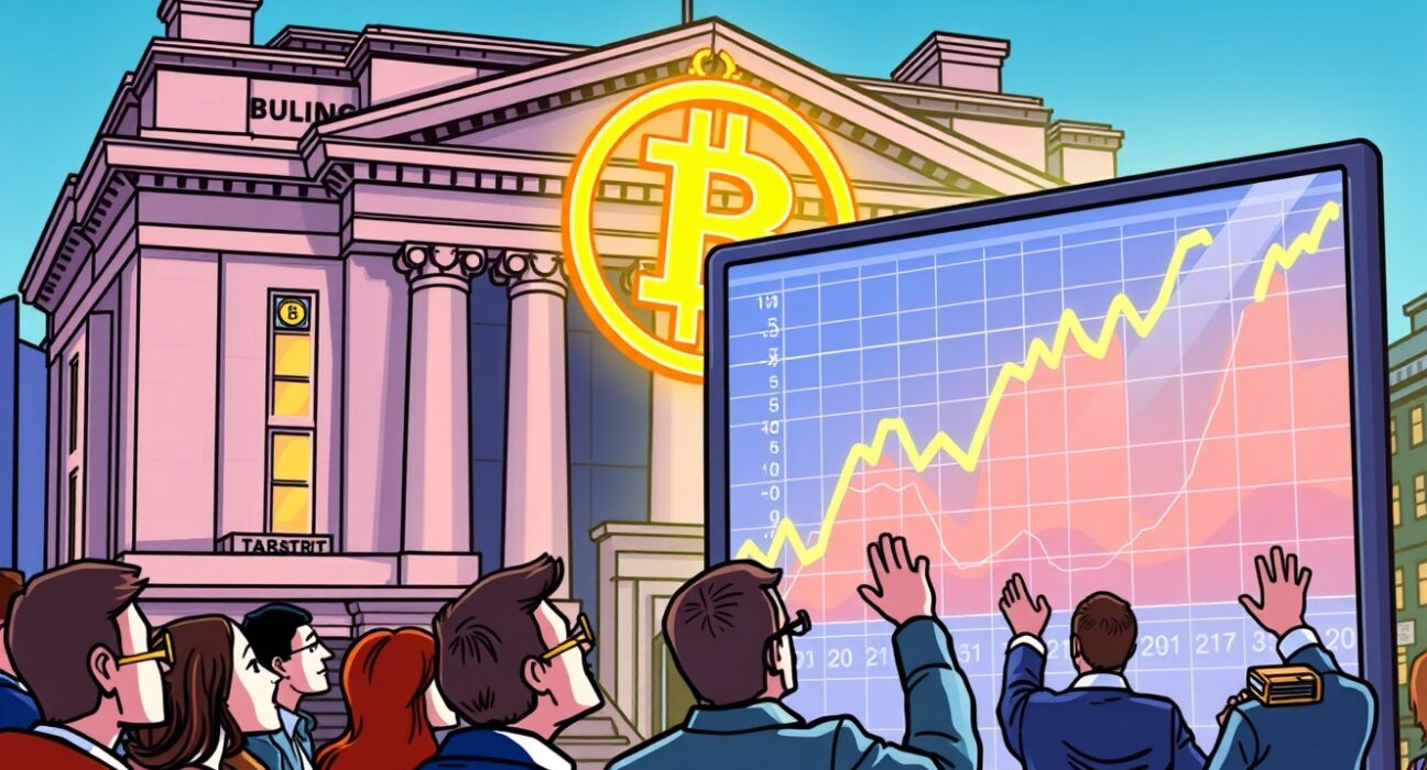 A cartoon illustration showing the pioneering listing of a Bitcoin investment firm on a London stock exchange, symbolizing innovation in UK finance.