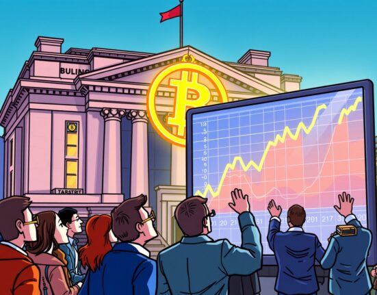 A cartoon illustration showing the pioneering listing of a Bitcoin investment firm on a London stock exchange, symbolizing innovation in UK finance.