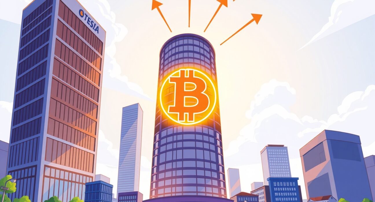 A vibrant cartoon of a Bitcoin investment firm building its foundation on the cryptocurrency.