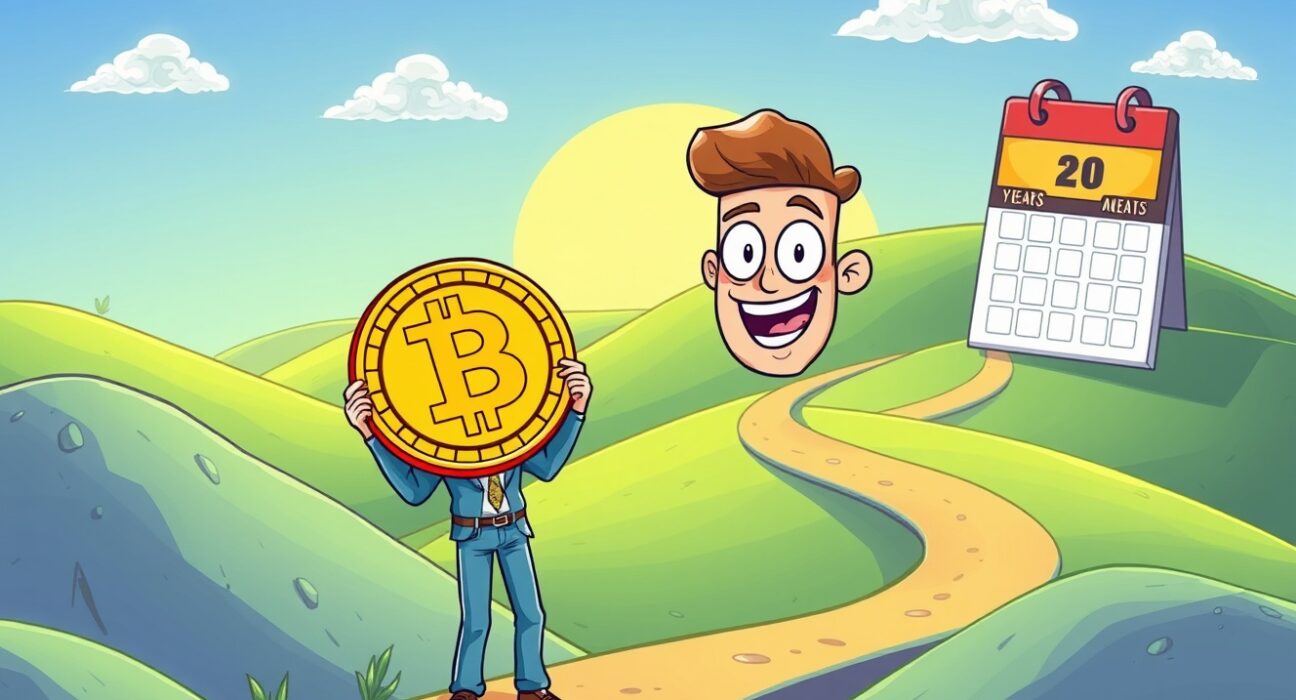 Confident investor holding Bitcoin coin on path through market volatility hills representing long-term investment strategy