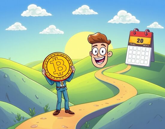 Confident investor holding Bitcoin coin on path through market volatility hills representing long-term investment strategy