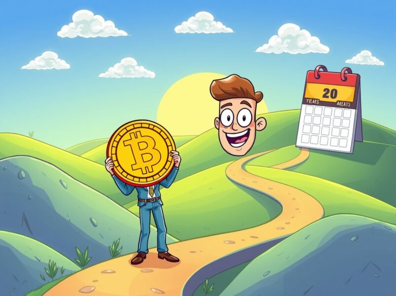 Confident investor holding Bitcoin coin on path through market volatility hills representing long-term investment strategy