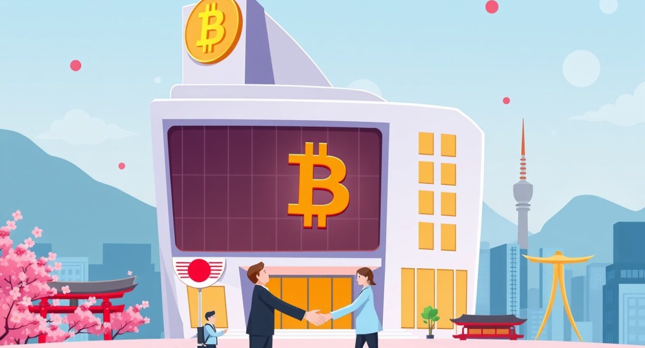 A cartoon illustration depicting a significant Bitcoin investment deal between two companies, symbolizing corporate adoption of digital assets.
