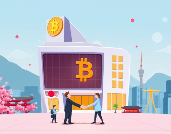 A cartoon illustration depicting a significant Bitcoin investment deal between two companies, symbolizing corporate adoption of digital assets.
