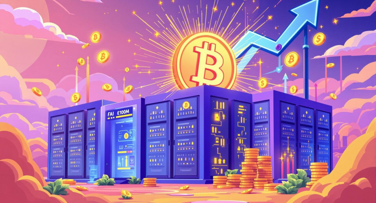 A cartoon illustration showing a company's strategic move into Bitcoin investment, symbolizing growth and technological advancement.