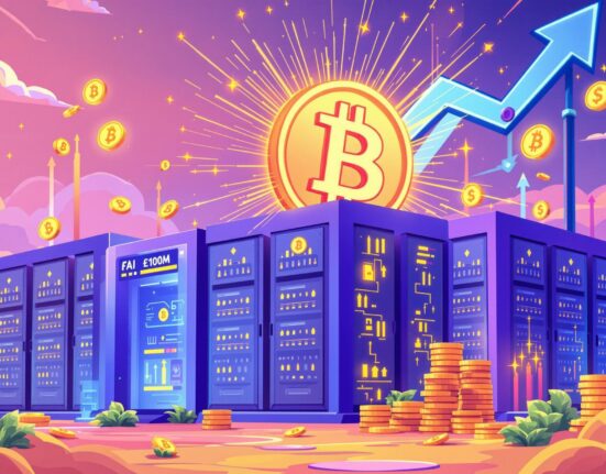 A cartoon illustration showing a company's strategic move into Bitcoin investment, symbolizing growth and technological advancement.